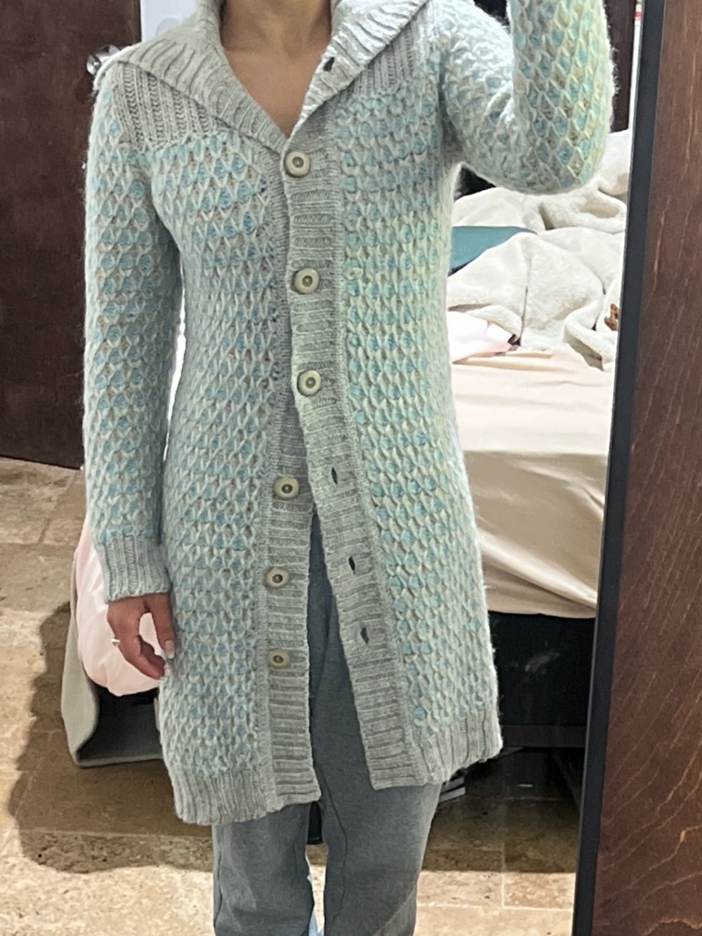Moda International Long Button-Up Knit Cardigan in Light Blue and Cream